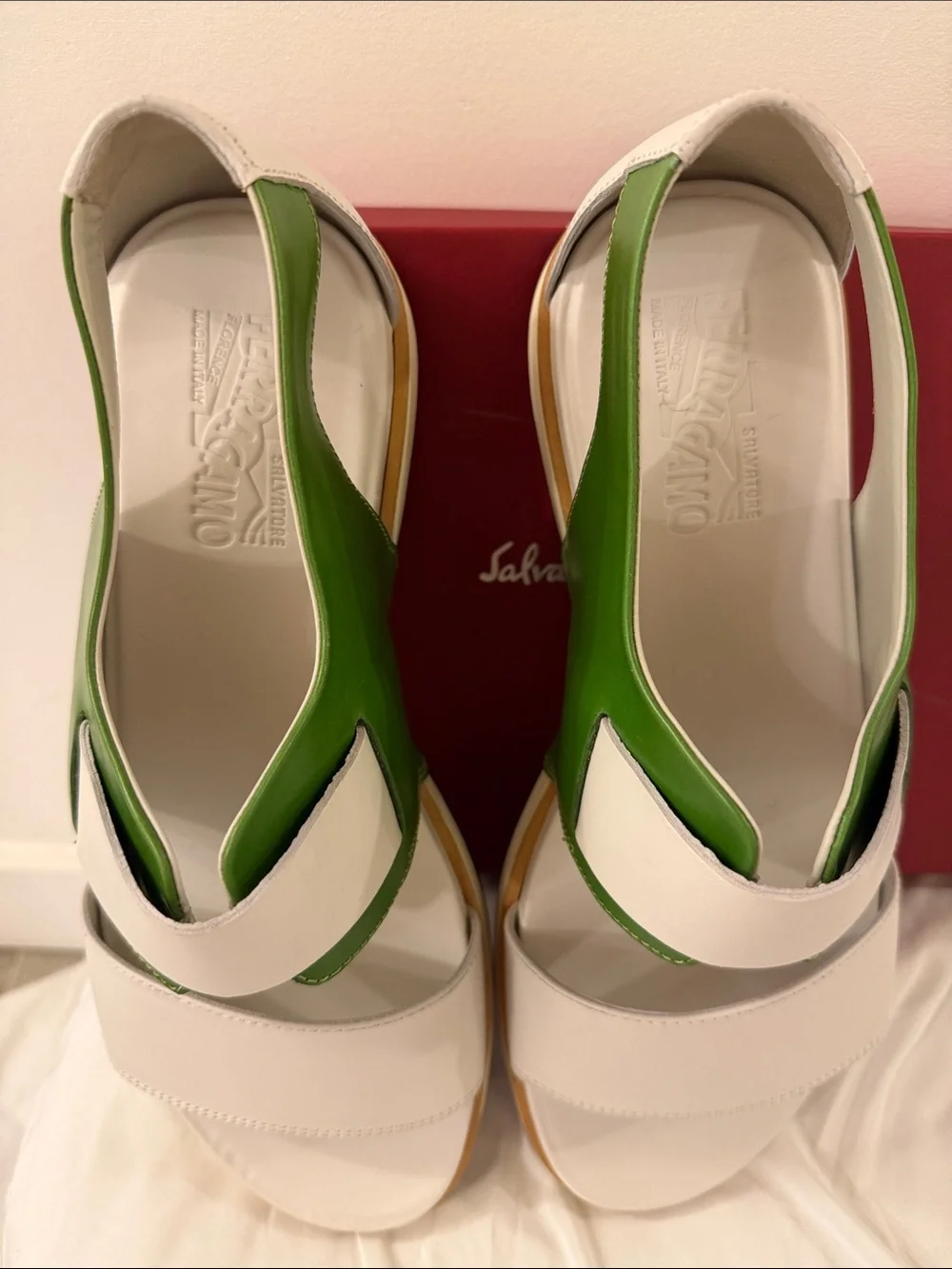 Salvatore Ferragamo White and Green Leather Strap Sandals